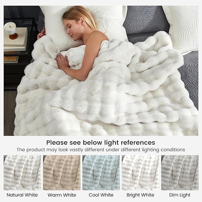 Cozy Bliss Faux Fur Throw Blanket for Couch, Fuzzy Soft Plush Thick Bubble Blanket for Sofa Bedroom Living Room, 60 * 80 Inches Cream White