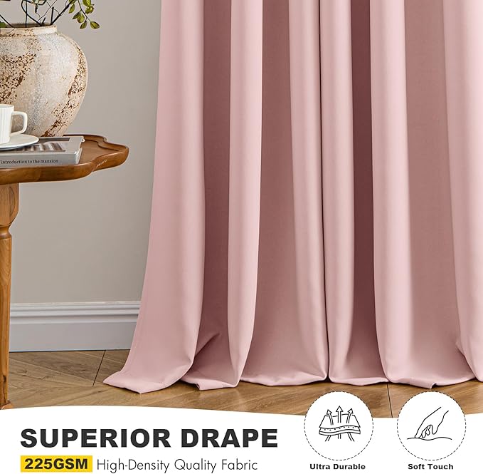 MIULEE Baby Pink Blackout Curtains for Girls Bedroom Living Room 64 Inches Long 2 Panels, Nursery Thermal Insulated Room Darkening Drapes Solid Grommet Top Noise Reducing Window Curtains 40x64 Inch
