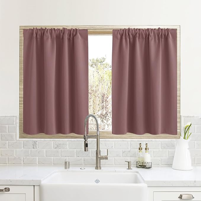 RYB HOME Half Curtain Tiers 36 inch Length, Rod Pocket Summer Heat Blocking Thermal Insulated Short Blackout Curtains for Small Window, Width 34 by Length 36, Dusty Rose, 2 Panels