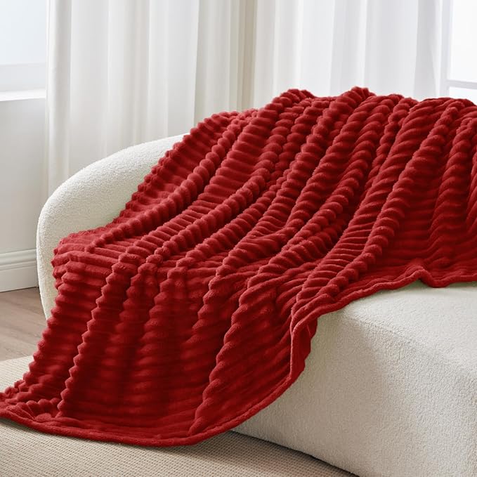 BEDELITE Twin Blanket for Couch & Bed, 300GSM Soft & Warm Fleece Blanket, Decorative and Giftable Striped Burgundy Blankets for Women, Men, 60"x80"