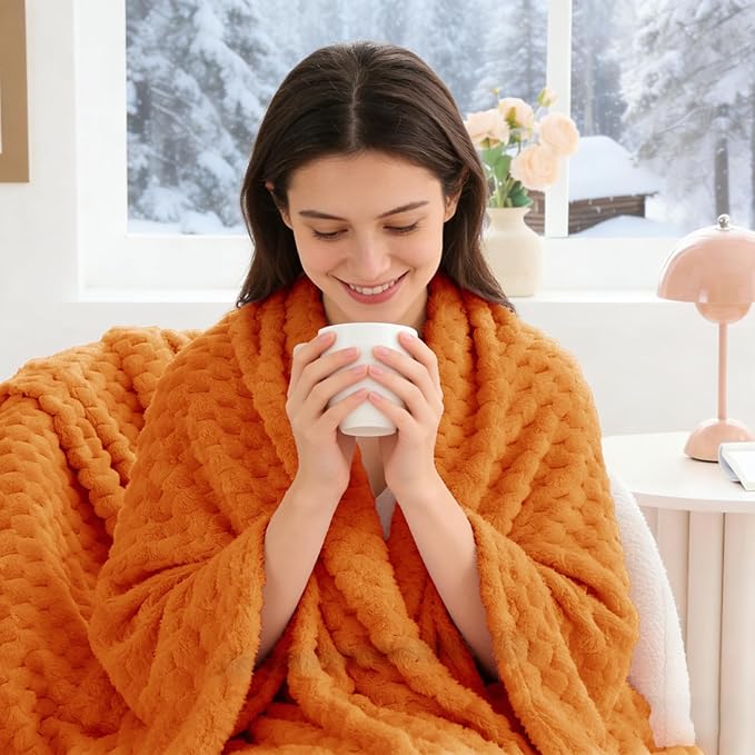 BEDELITE Fall Throw Blanket for Couch & Bed - 3D Jacquard Decorative Orange Blankets, Soft and Cozy Warm Plush Fluffy Fleece Blanket, 50x60Inches
