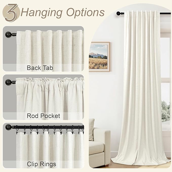 Extra Wide Room Darkening 90 Inch Curtains 2 Panels for Living Room Ivory Cream Colored Linen Blackout Curtain for Bedroom Windows 120 to 140 Privacy Thermal Window Drapes Back Tab Pocket 70x90 Long