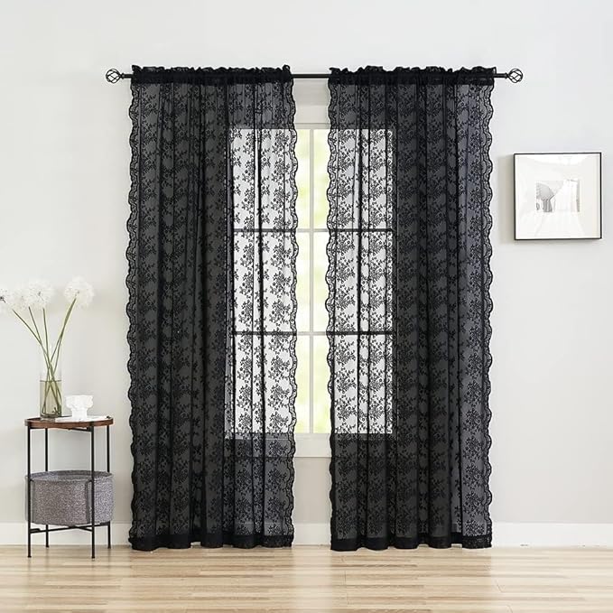 YJ YANJUN Vintage Lace Curtains 80 inch Length 2 Panles for Doorway Victorian Gothic Floral Dark Academia Black Sheer Curtain Panels for Living Room Bedroom Light Filtering 52 by 80 inch Length