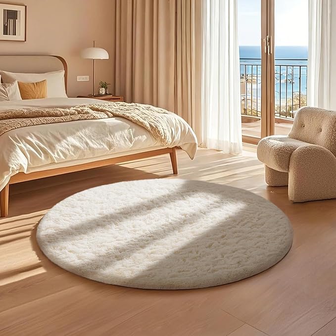 Ophanie Round Rug 2Ft Ivory Circle Area Rug, Fluffy Fuzzy Bedroom Carpet, Plush Soft Shaggy Indoor Floor Cream Living Room Rugs for Kids Home Decor Aesthetic, Nursery