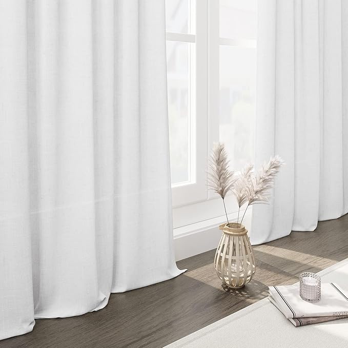 Nanspring White Farmhouse Decor Curtains 63 Inch Length for Living Room Linen Blend Light Filtering Curtains Back Tab and Rod Pocket Textured Curtain for Bedroom 34 X 63, 2 Panels
