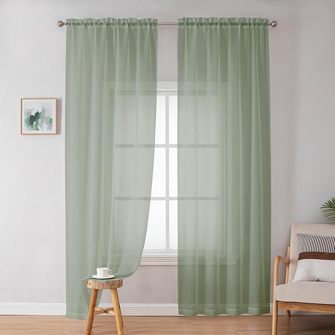 Simplebrand Sheer Curtains 72 Inches Long 2 Panels for Living Room, Dual Rod Pockets Airy Window Treatments Voile Curtains Sheer Panels Lightweight for Front Back Patio Glass Door, Sage, 42" Width