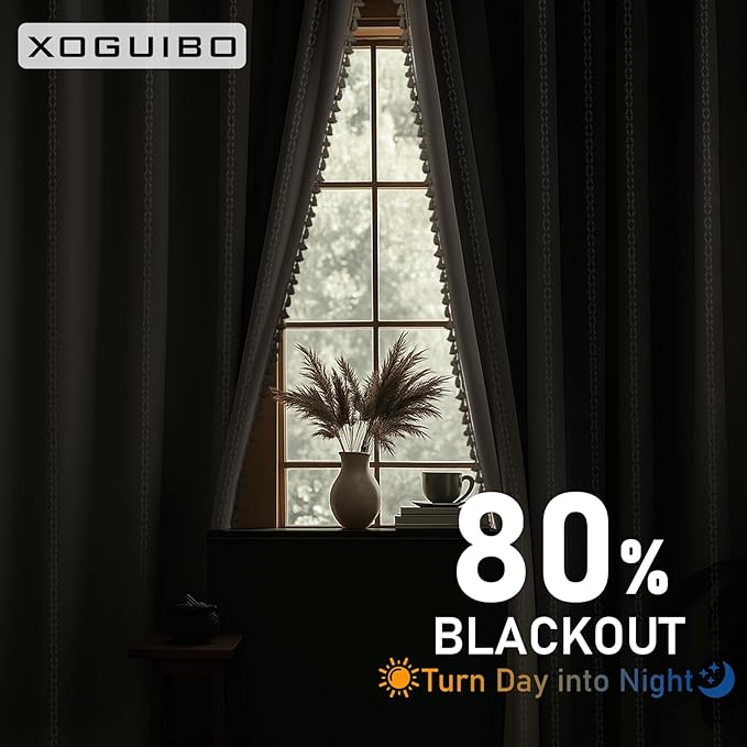 Boho 80% Blackout Curtains with Gray Liner 84 Inches Long 2 Panels Set, Beige Linen Blend Drapes with Tassels and Cotton Embroidered for Living Room Bedroom