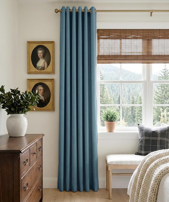 100% Blackout Shield Linen Blackout Curtains for Bedroom, Stone Blue Grommet Curtains for Living Room, Thermal Insulated Room Darkening Drapes for Nursery, Boho Home Decor, 50" W x 72" L, 2 Panels
