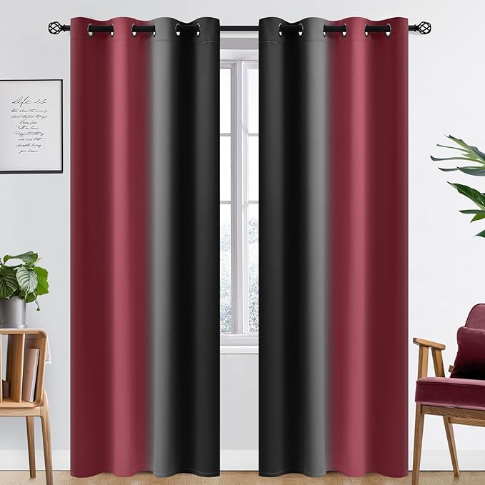 SimpleHome Ombre Room Darkening Curtains 84 inches Length for Bedroom,Grommet Gradient Light Blocking Burgundy and Black Gradient Window Curtains for Living Room,2 Panels, 52x84 inches