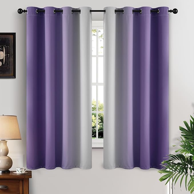 Yakamok Greyish White and Lavender Purple Ombre Curtains,Light Blocking Curtains,Room Darkening Grommet Window Drapes for Bedroom(Lavender Purple,52x63 Inch,2 Panels)
