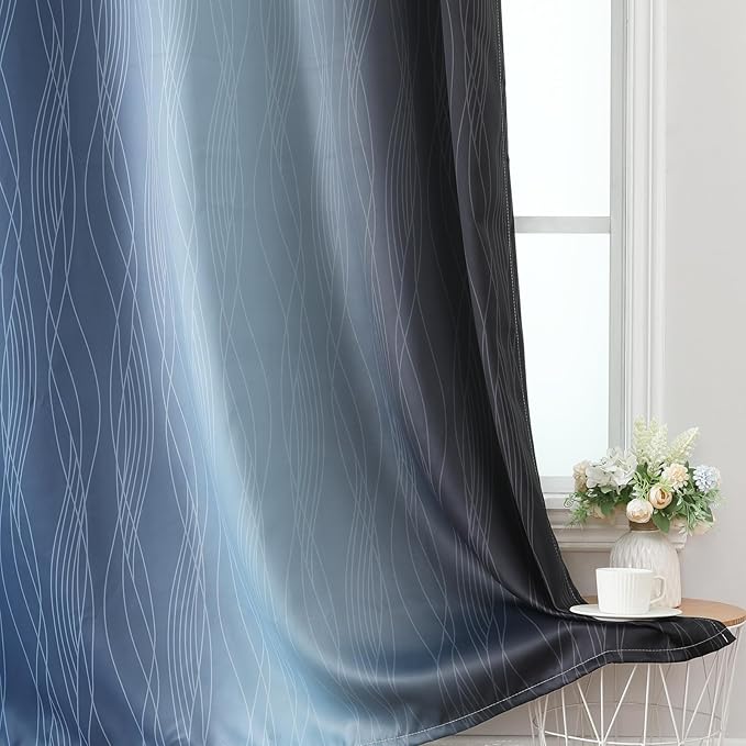 Estelar Textiler Navy Blue and Black Ombre Blackout Curtains 54 Inches Long, Full Light Blocking Gradient Grommet Drapes for Kitchen, Thermal Insulated Curtains for Bedroom, 42Wx54L, 2 Panels