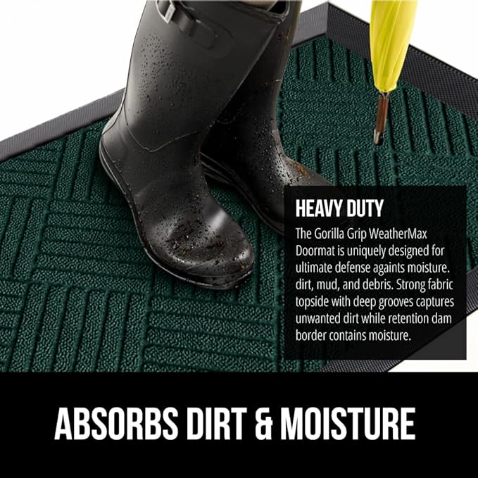 GORILLA GRIP 100% Waterproof All-Season WeatherMAX Doormat US Designed Natural Rubber, Stain and Fade Resistant, Low Profile Indoor Outdoor Door Mats, Easy Clean Patio Mat, 29x17, Green Diamond