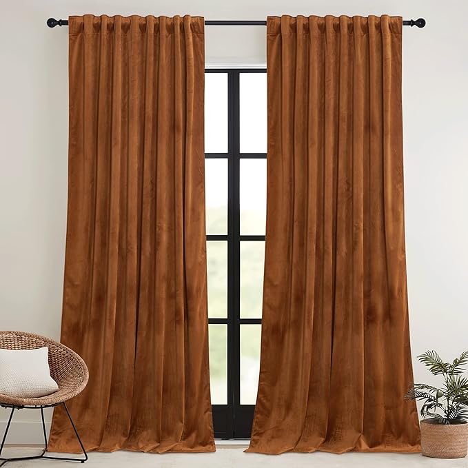 RYB HOME Velvet Curtains 96 inch, Room Darkening Window Curtains for Living Room Thermal Insulated Privacy Backdrop with Back Tab Loop for Bedroom, Golden Oak, W52 x L96 inch, 2 Panels