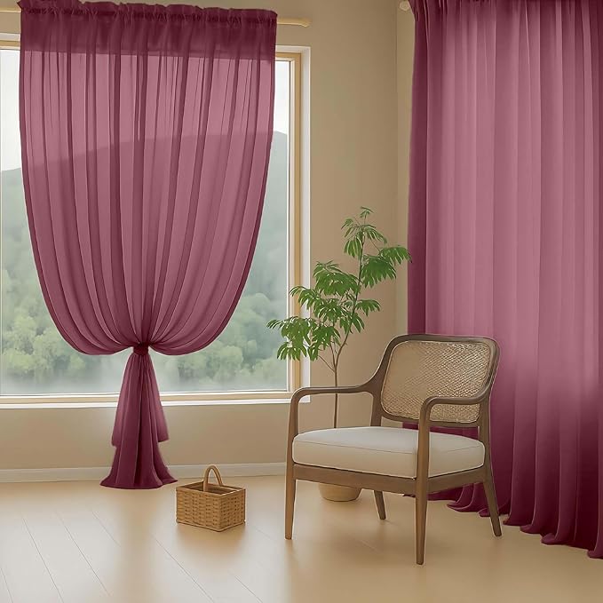 Extra Wide Sheer Curtains for Windows 108 inches Long, Lightweight Light Filtering Soft Drapes for Living Room Bedroom, Dual Rod Pocket Sheer Curtains, 2x59Wx108L inches, Burgundy, 9FT, 2PCS