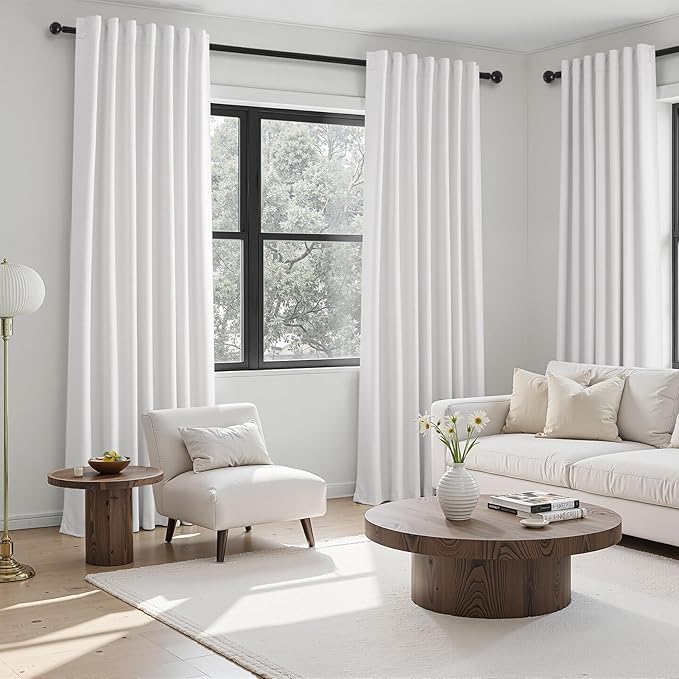 Topfinel 95 inch Living Room Curtains 2 Panels 100% Blackout Linen Texture Curtain Beige White Window Drapes with Back Tab Rod Pocket Light Blocking Thermal Insulated Curtains Pinch Pleated Drapes
