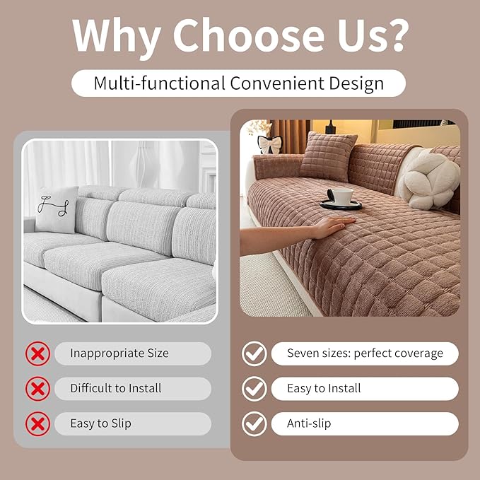 Velvet Couch Cover, Plush Sectional Sofa Cover Washable, Anti Slip Sofa Slipcover for 3-4 Cushions Sofas, Furniture Protector Covers for Pets & Kids(1PC, Dark Brown, 35.4"×82.6", 3-4 Seater)
