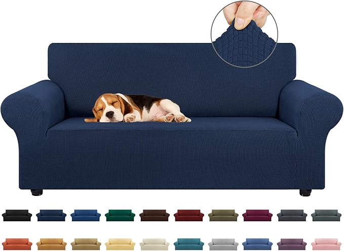 KEKUOU Stretch Loveseat Sofa Cover Slipcover,Couch Covers for 2 Cushion Couch Sofa (55"-78") Furniture Protector Sofa with Elastic Bottom for Kids,Dog. Jacquard Small Checked (Medium,Navy Blue)