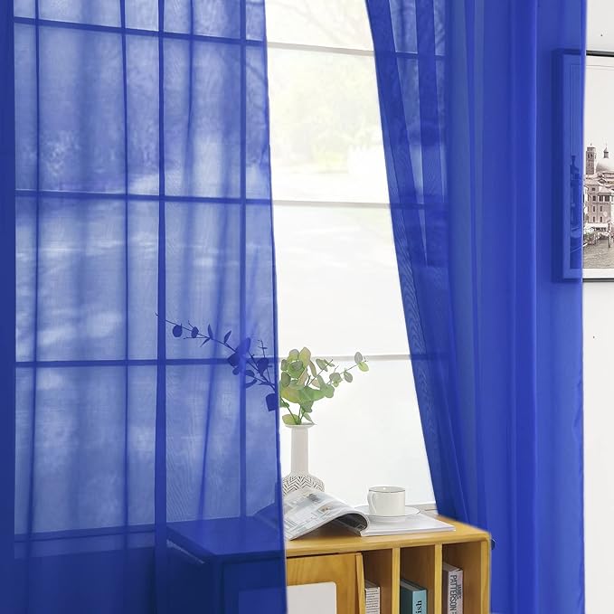 SpaceDresser Sheer Voile Window Treatment Rod Pocket Curtain Panels for Kitchen Bedroom Living Room Drapes Sunlight Filtering Privacy Semi Home Decor Assorted Colors Sizes (Sapphire, 52 W x 90 L)