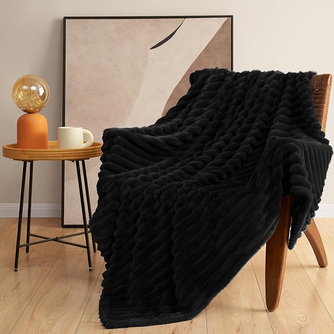 HIMEET Black Ribbed Twin Blanket for Bed - 300GSM Lightweight Soft Fleece Blanket for Men Women, Cozy Blankets Graduation Birthday Gifts, Striped Spring Home School Dorm Decor, Black, 60x80 Inches