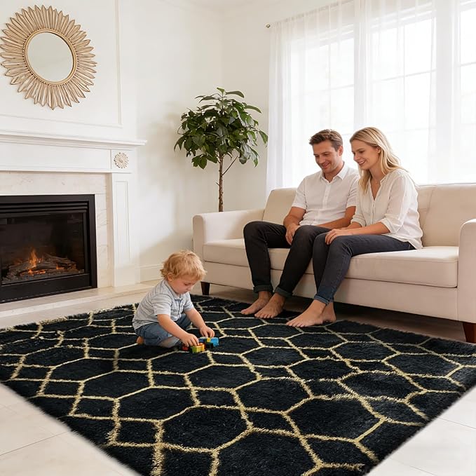Shag Area Rug for Bedroom 5x8,Fluffy Area Rugs for Living Room,Geometric Soft Fuzzy Rug Non-Shedding Indoor Plush Carpet for Kids Bedroom Nursery Dorm Home Christmas,Black and Gold