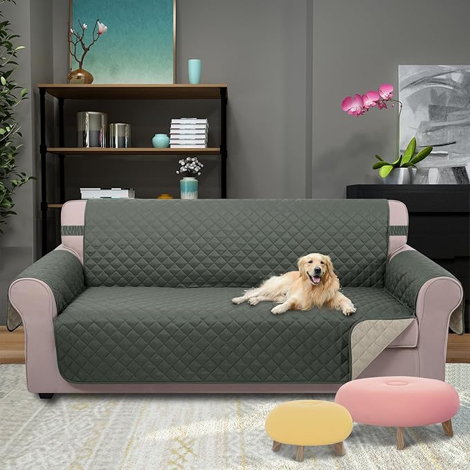 U-NICE HOME 4 Seater Sofa Cover 91 Inch Large Couch Covers for 4 Cushion Couch with Elastic Straps Water Resistant Furniture Protector Cover for Pets Cat (Sofa XX-Large, Grey/Beige)