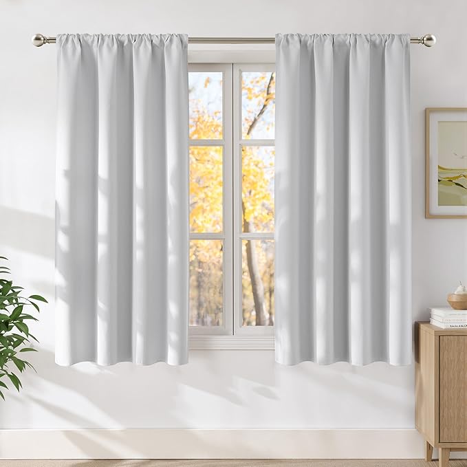 NICETOWN Greyish White Faux Linen Room Darkening Rod Pocket Curtains 63 inch Length, W42 x L63, Light Blocking Thermal Insulated Noise Reducing Drapes for Bedroom Living Room Farmhouse Decor, 2 Panels