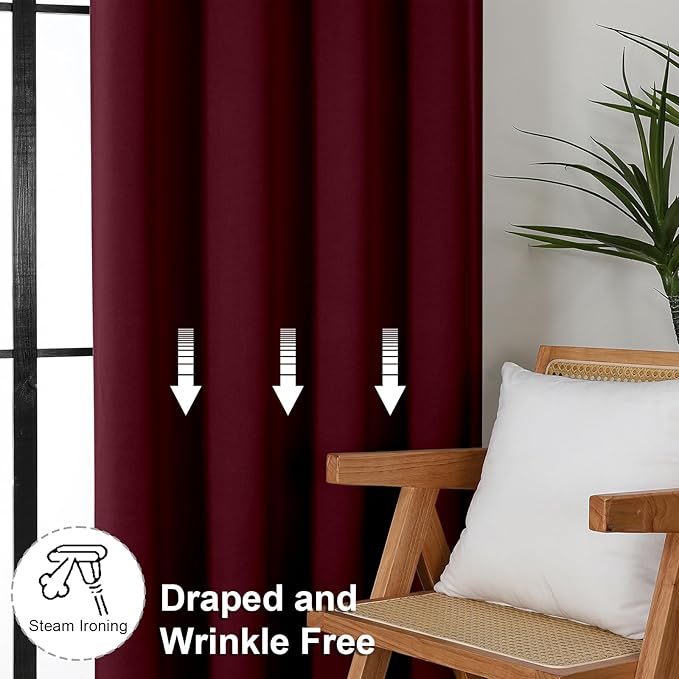 Simplebrand Ava Burgundy Blackout Curtains for Bedroom 90 Inches Long 2 Panels Set, Solid Privacy Energy Saving Living Room Window Treatment Curtains Blackout Drapes, W50 x L90 Inch, Burgundy