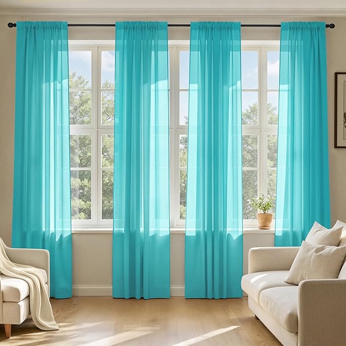 MIULEE Turquoise Sheer Curtains 108 Inches Long, 4 Panels Set, Light Filtering Rod Pocket Voile Drapes for Living Room and Bedroom, Airy Soft Fabric Window Treatments, 42 x 108 Inches