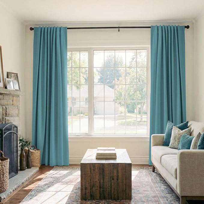 100% Blackout Shield Linen Blackout Curtains for Bedroom 96 Inches Long, Back Tab/Rod Pocket Living Room Drapes, Thermal Insulated Blackout Curtains 2 Panels Set, 50" W x 96" L, Dark Cyan