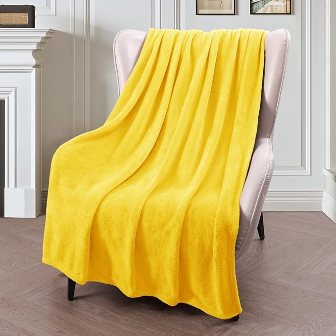 Exclusivo Mezcla Fleece Throw XL Blanket for Couch, Sofa, Super Soft and Warm Vibrant Yellow Blankets, All Season, Cozy, Plush, Lightweight, 50x70 Inches