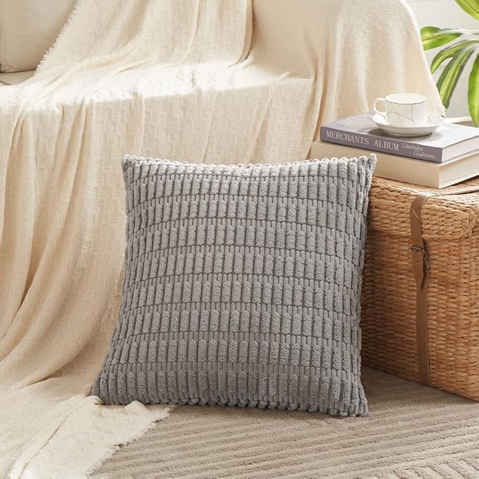 Fancy Homi 4 Packs Grey Decorative Throw Pillow Covers 22x22 Inch for Living Room Couch Bed, Rustic Modern Farmhouse Boho Home Decor, Soft Plush Corduroy Gray Cute Square Accent Cushion Case 55x55 cm
