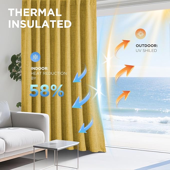 Joydeco Linen Blackout Curtains for Bedroom - 100% Light Blocking 1 Panels, Yellow Drapes 100" W x 108" L, Thermal Insulated Room Darkening Curtains for Living Room, Rod Pocket & Back Tabs