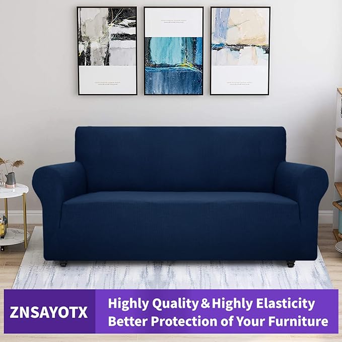 ZNSAYOTX Super Stretch Couch Cover (72"-92") Universal Sofa Covers with Elastic Bottom, Dog Cat Pets Friendly Washable Furniture Protector Fitted Sofa Slipcovers Stay in Place (Navy Blue, Sofa)