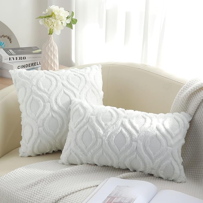 decorUhome Throw Pillow Covers 26x26 Inch Set of 2, Soft Plush Faux Wool White Solid Couch Pillow Covers, Accent Euro Sham Farmhouse Neutral Square Pillow Cases for Sofa Bed Living Room