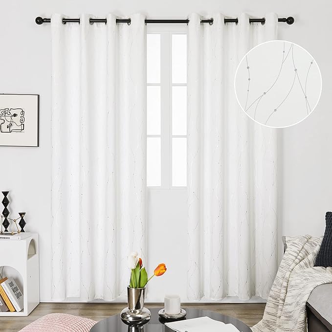 Deconovo White Curtains, Room Darkening Curtain, Thermal Insulated Noise Reduced Drapes, Wave Dots Silver Print, 52 x 84 Inch Long, Grommet Top, Window Panels for Living Room Bedroom Nursery, Set of 2