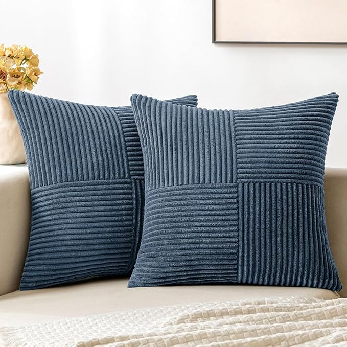 MIULEE Blue Decorative Throw Pillow Covers 16x16 Inch for Couch Bed Sofa Pack of 2 Boho Farmhouse Throw Pillows Soft Cross Corduroy Patchwork Textured Cushion Cases