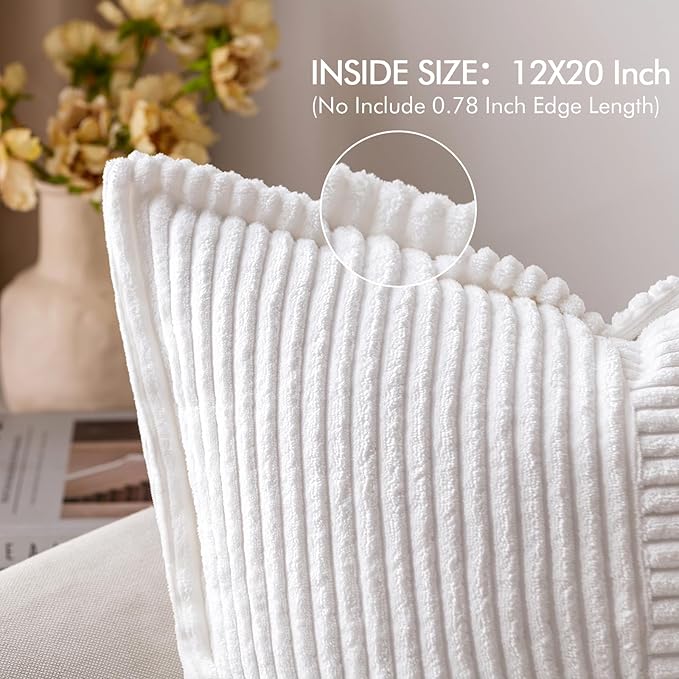 MIULEE Decorative Lumbar Throw Pillow Covers for Couch Bed Livingroom 12x20 Inch Set of 2 White Boho Accent Throw Pllows Broadside Striped Patchwork Soft Corduroy Pillowcases