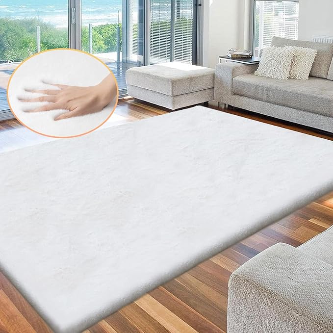 ORINOVA White Fluffy Living Room Rugs 6x9 Area Rug Washable Shag Rugs for Bedroom Faux Rabbit Fur Nursery Rug Rectangle Rug
