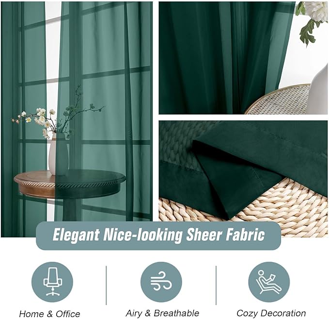 Green Window Sheer Curtains 54 inch Length, Soft Airy Light Filtering Sheer Curtain 2 Panels Set, Dual Rod Pocket Gauze Drapes for Living Room Bedroom, Hunter Green, 2x42Wx54L Inches