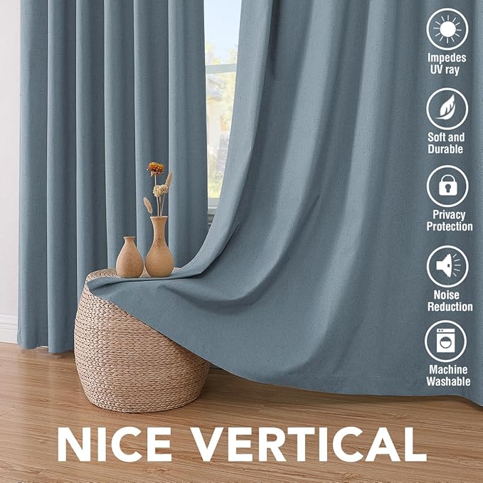 H.VERSAILTEX Primitive Linen Curtains 100% Blackout Curtain Drapes Burlap Curtains with White Thermal Insulated Liner, Grommet Top Drapes Living Room/Bedroom (2 Panels, 42 x 45 Inch, Stone Blue)