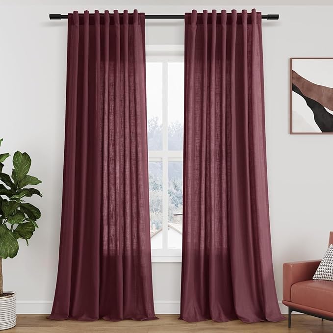 Nanspring Burgundy Linen Curtains for Living Room 100 Inches Long Light Filtering Semi Sheer Curtain Back Tab Vintage Boho Decor Elegant Luxury Drapes for Bedroom Dinner Room 52x100, 2 Panels