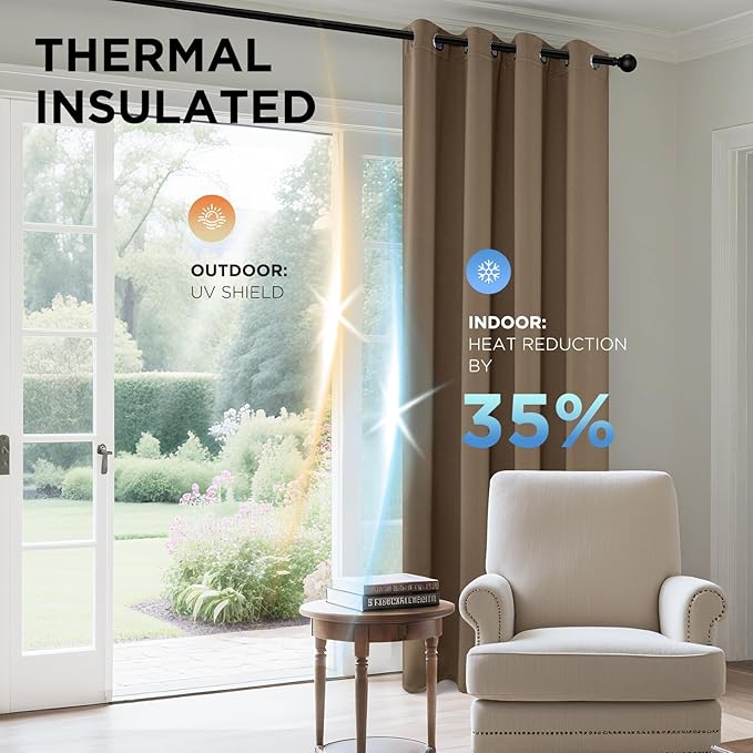 Joydeco Blackout Curtains 108 Inches Long 1 Panel, Thermal Insulated Long Curtains& Drapes 1 Piece, Room Darkening Grommet Drapes for Living Room Bedroom Window (W70 x L108 Inch, Khaki)