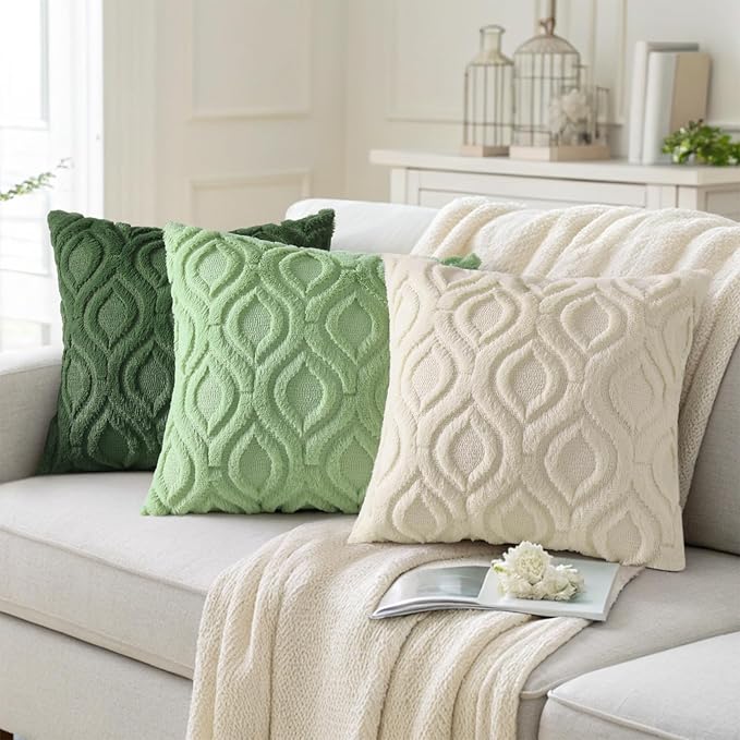 decorUhome Summer Throw Pillow Covers 18x18 Inch Set of 2, Soft Plush Faux Wool Light Sage Green Solid Couch Pillow Covers, Accent Farmhouse Neutral Square Pillow Cases for Sofa Bed Living Room