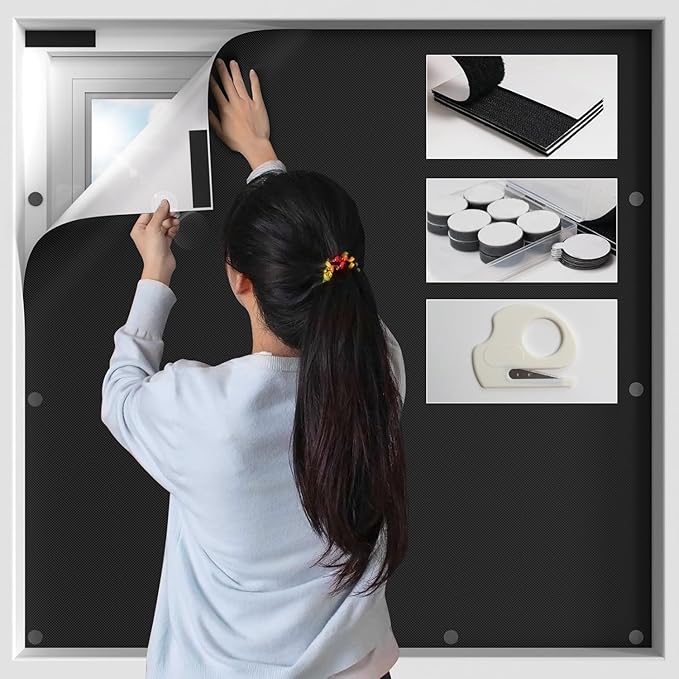 BKSAI 100% Blackout Window Cover, Portable Magnetic Black Out Curtains for Window, Black Out Shades No Drill Cuttable Blackout Blinds for Bedroom, RV, Nursery, Media Room, 158x57 inch