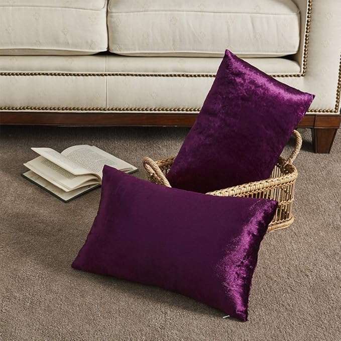 GIGIZAZA Purple 12x20 Lumbar Velvet Decorative Throw Pillow Covers for Sofa Bed 2 Pack Soft Cushion Cover