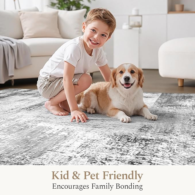 Rugflix 5x7 Large Area Rugs for Living Room, Abstract Washable Rug, Non-Slip, Stain Resistant, Soft Low Pile Carpet, Indoor Grey Rug for Bedroom, Dining Room, Home Office