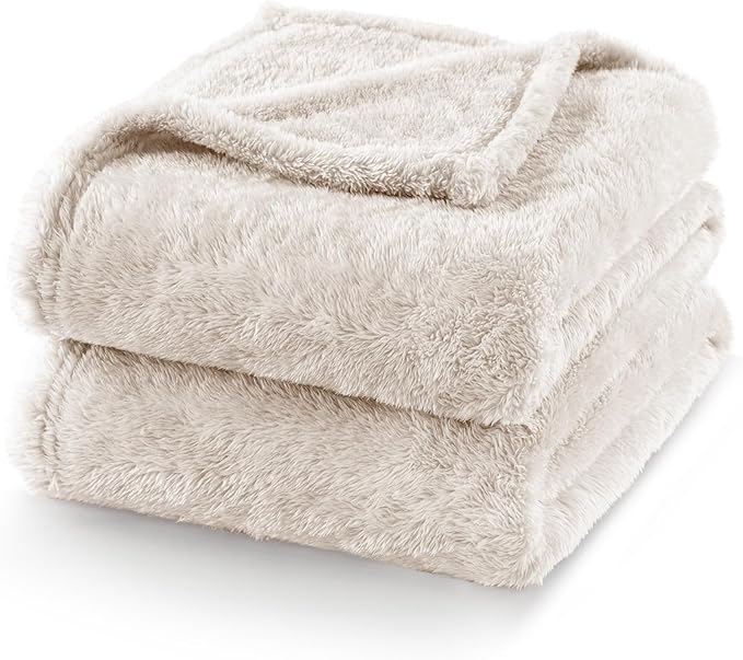 Exclusivo Mezcla Plush Fuzzy Fleece Bed Blanket Twin Size, Super Soft, Fluffy and Warm Blankets for Couch, Bed, All Season (Beige, 90x66 inches)