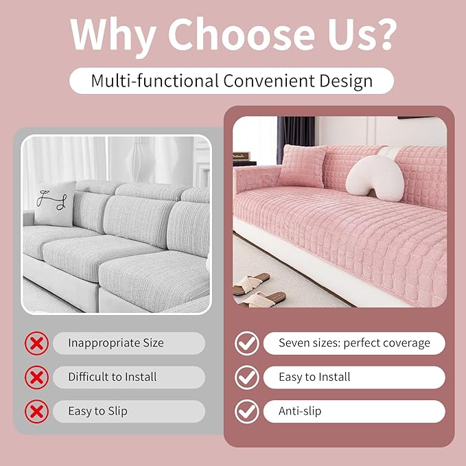 Velvet Couch Cover, Washable Sectional Sofa Cover, Anti Slip Sofa Slipcover for 3 Cushion Couch Sofa L Shaped Armrest Backrest, Furniture Protector Covers for Pets Kids(1PC, Pink, 28"×28")