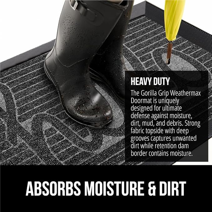 GORILLA GRIP 100% Waterproof All-Season WeatherMAX Doormat, US Designed Natural Rubber, Stain and Fade Resistant, Low Profile Indoor Outdoor Door Mats, Easy Clean Patio Mat, 29x17, Charcoal Hello