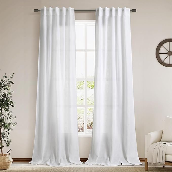 Linen White Curtains 108 Inches Long 2 Panels Set Back Tab Rod Pocket Semi Sheer Cotton Textured Light Filtering Extra Long Curtain Farmhouse High Ceiling Curtains for Living Room 9Ft 40x108